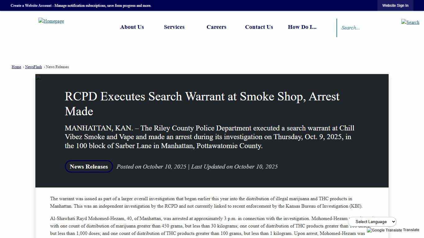 RCPD Executes Search Warrant at Smoke Shop, Arrest Made • Riley County Police Department, KS