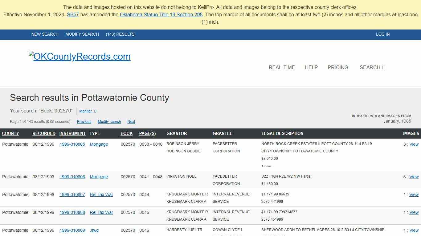 Results for "Book: 002570" in Pottawatomie OKCountyRecords.com County Clerk Public Land Records for Oklahoma